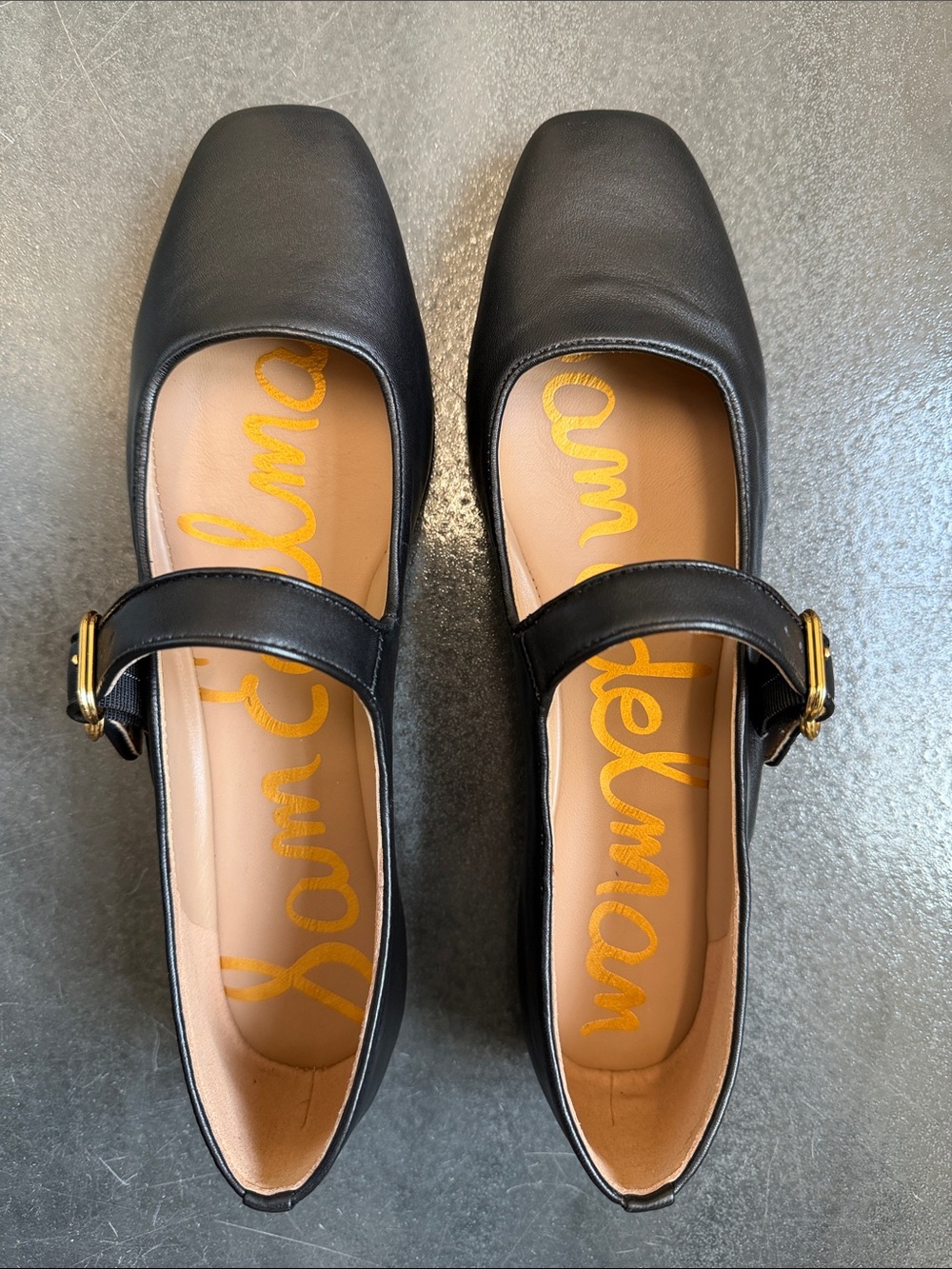 Sam Edelman Michaela Black Leather Mary Jane Flats with Gold Buckle